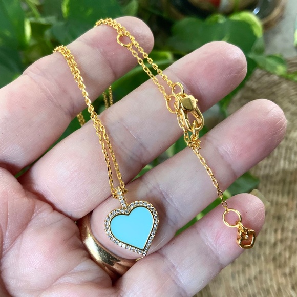 Kate Spade Necklace TAKE HEART 🩷Charming TIFFANY BLUE CZ/ENAMEL GOLD CHAIN - Picture 8 of 11